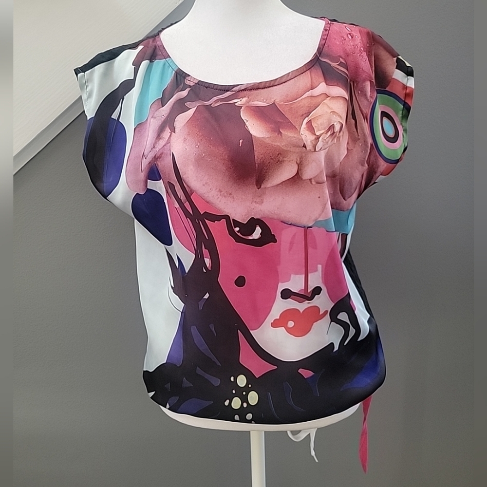 Desigual Floral Print Multicolor Modal Short Sleeve Blouse Size M Artsy Galery
